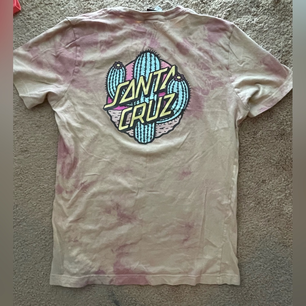Women’s size small tan and light pink tie dye Santa Cruz t-shirt with cactus